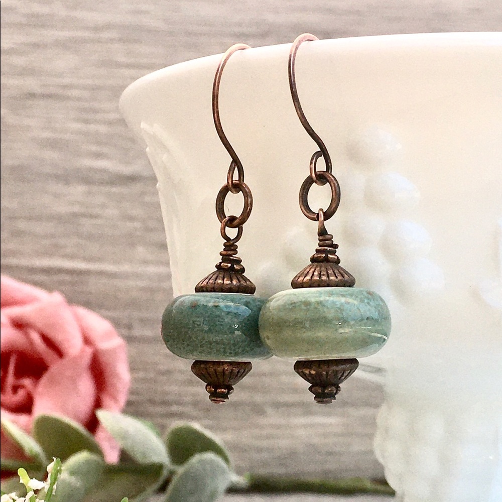 Green copper ceramic bead dangle drop earrings - Picture 1 of 5